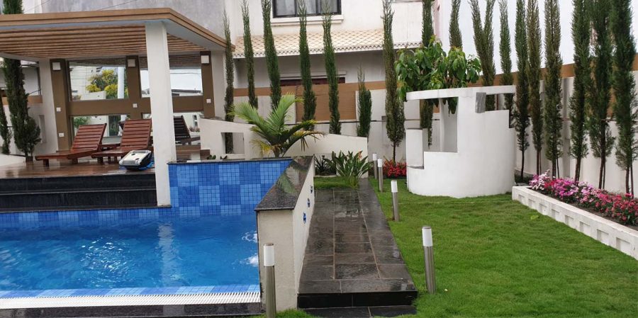 Heated Swimming pool in the backyard of the designed house in kathmandu