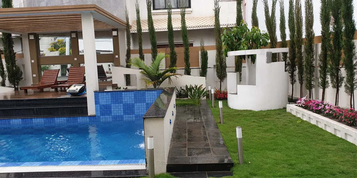 Heated Swimming pool in the backyard of the designed house in kathmandu