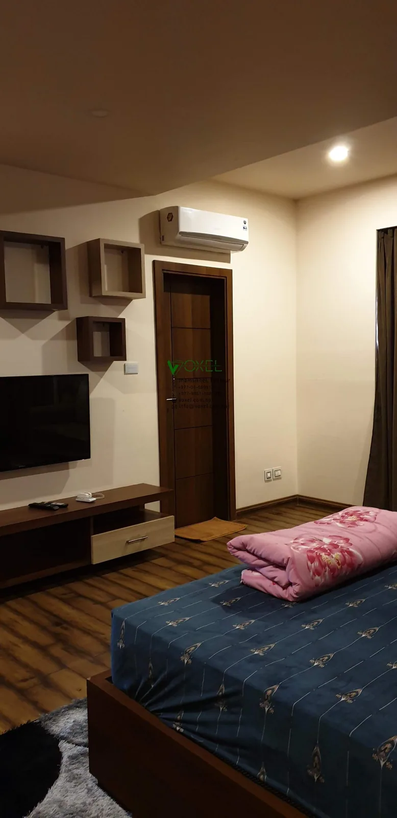 Bed Room Interiors with simple minimal ceiling and wooden floor